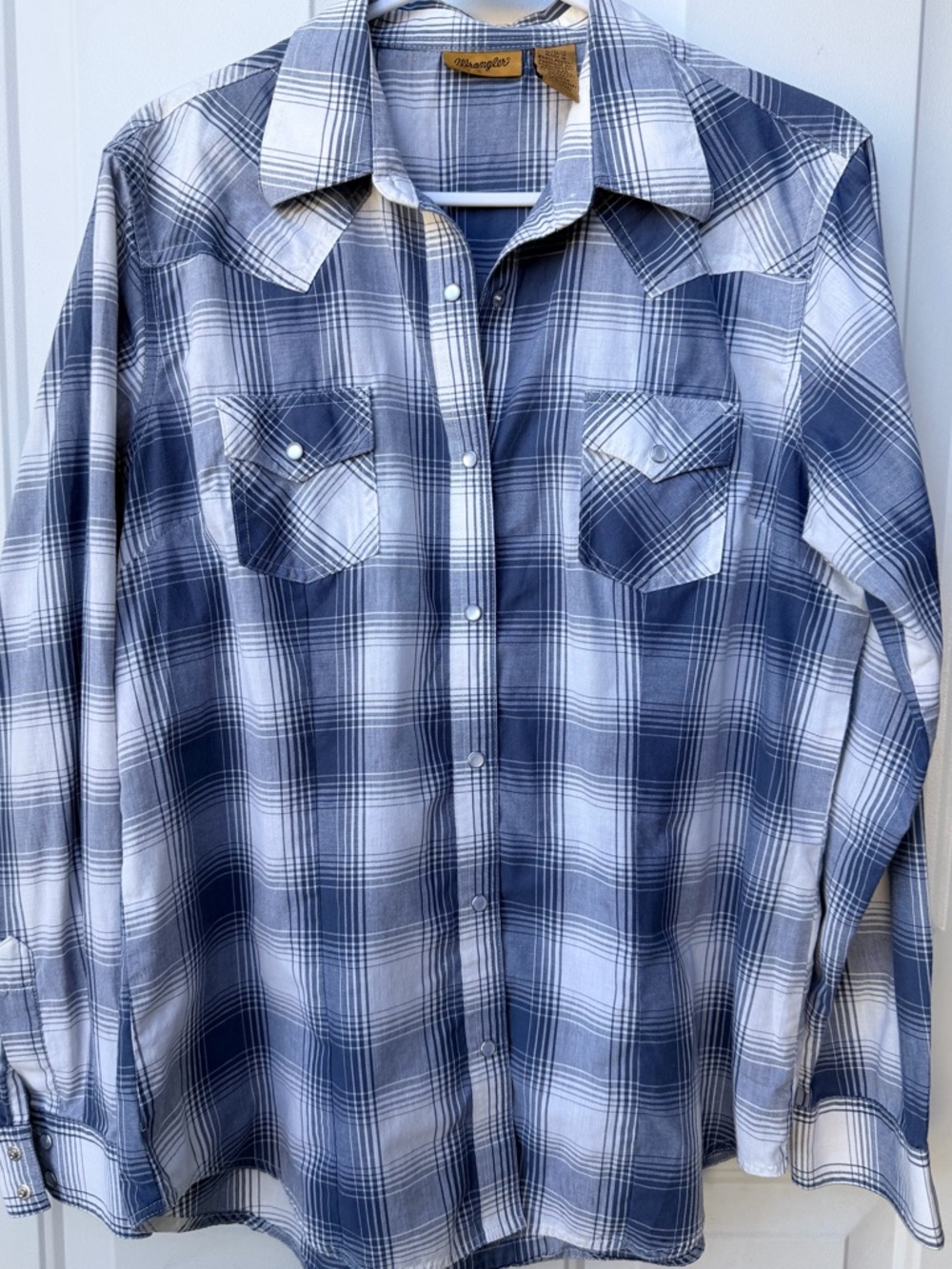 Wrangler Women’s Pearl Snap Western Shirt Plaid Blue Gray Large L Cowgirl Rodeo